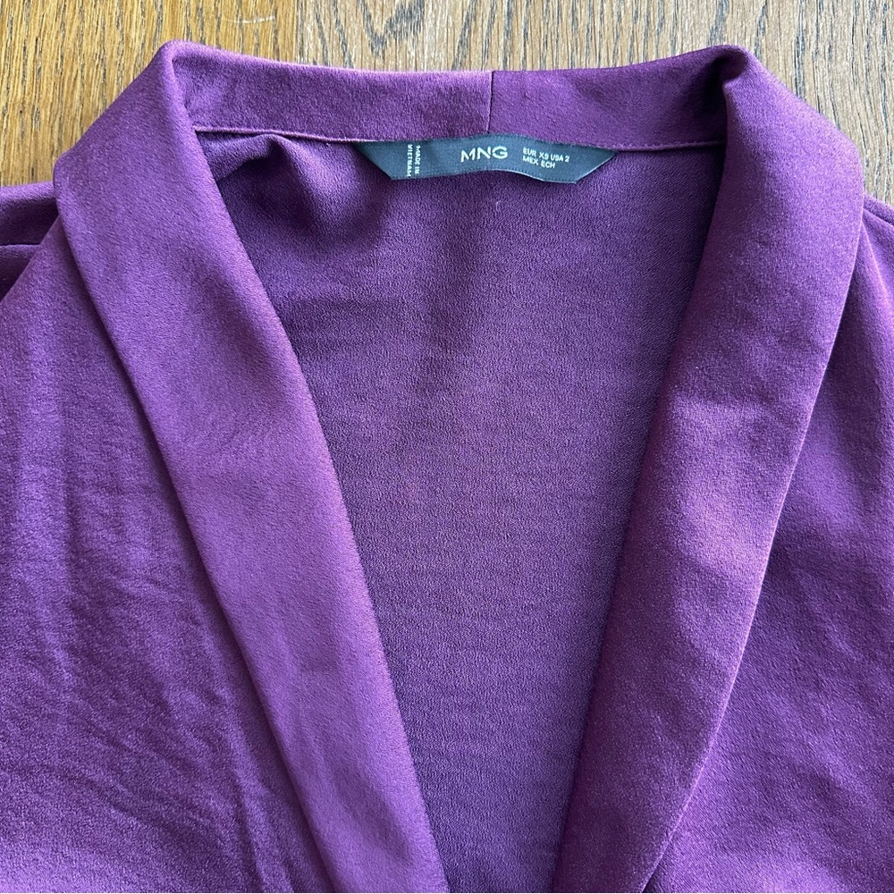 MANGO Wrapped Satin Buckled Dress Dark Purple Whimsical Statement Flare Sleeves - Picture 9 of 14